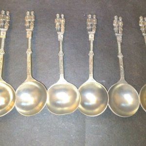 Antique~German Embossed~Pewter Rein Zinn Wedding Spoons Set of 6